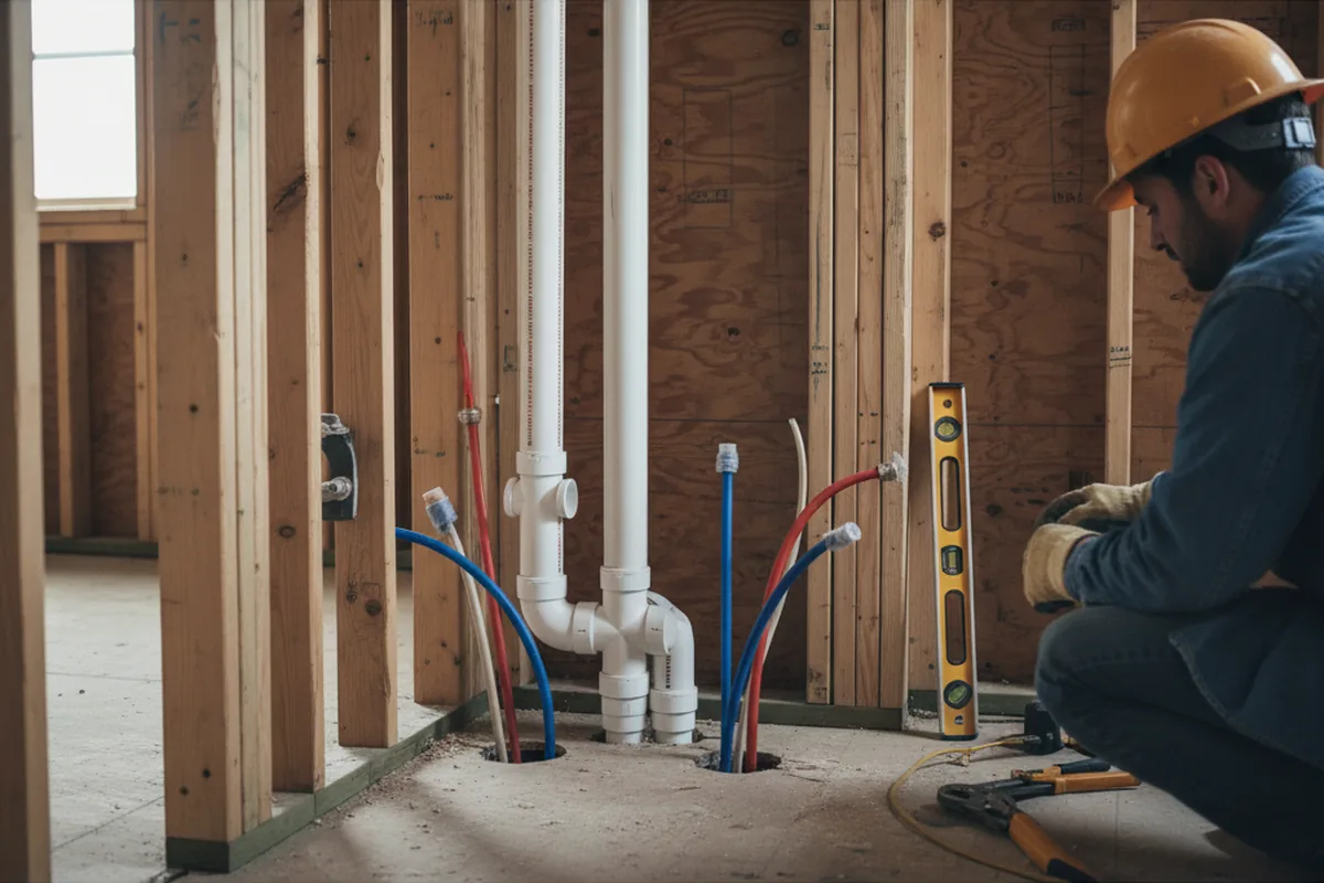 Drain and supply rough-in during Sump Pump Repair in Rockville