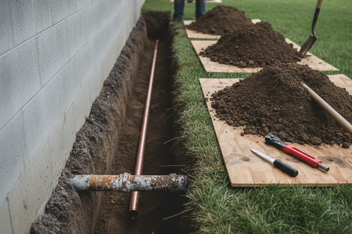 Excavated water line trench during Sewer Line Repair in Rockville